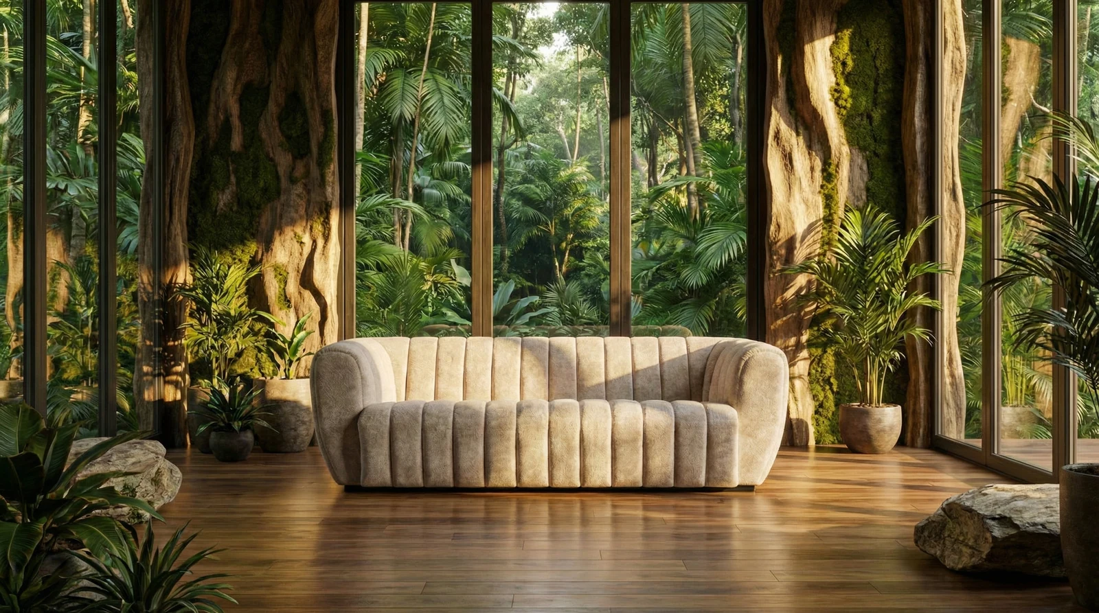 The same cream sofa in an AI-generated forest interior